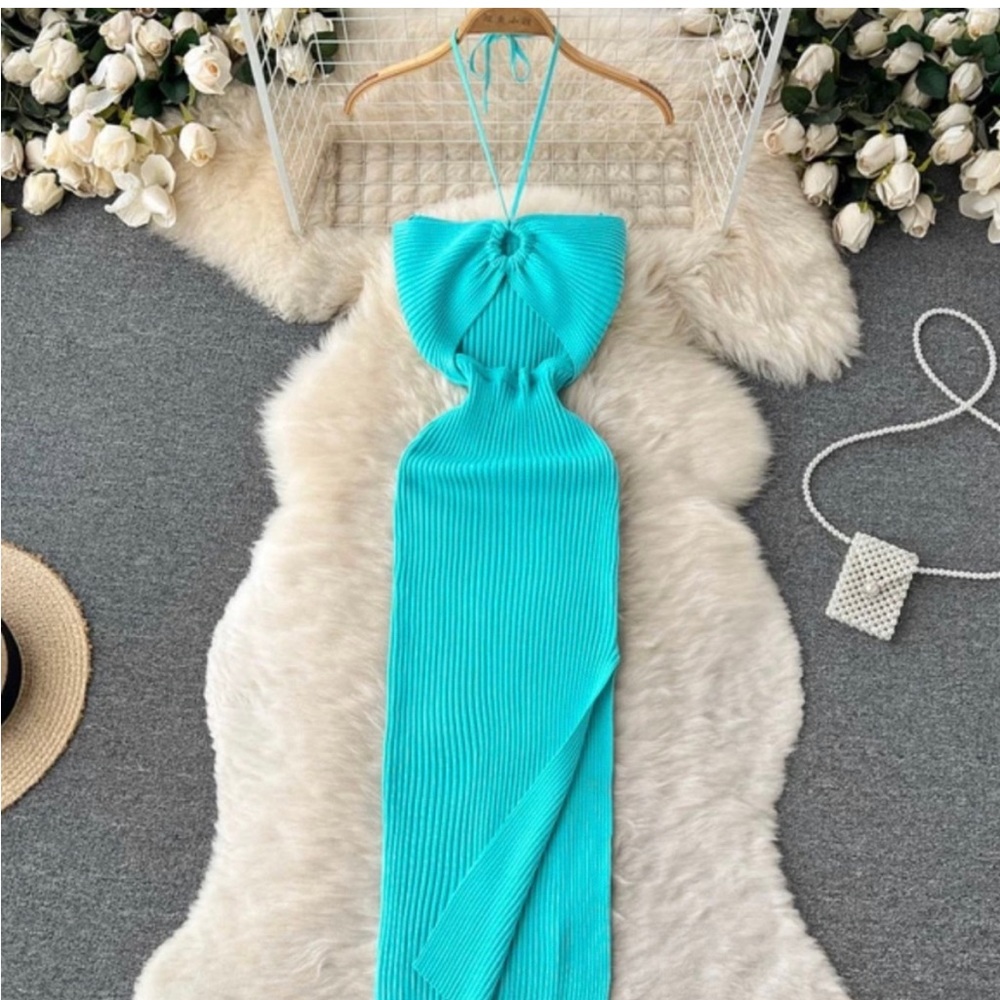 Halter Crochet Bodycon Dress Cut Out Sexy Split Dresses
